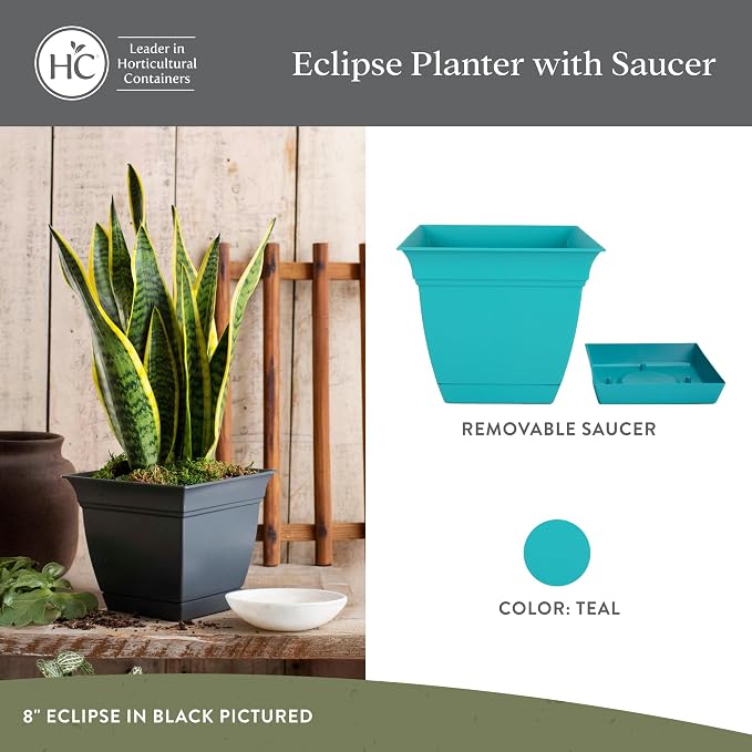 The HC Companies Eclipse Square Planter Pot, 8 Inch, Attached Saucer, Drainage - Image 2