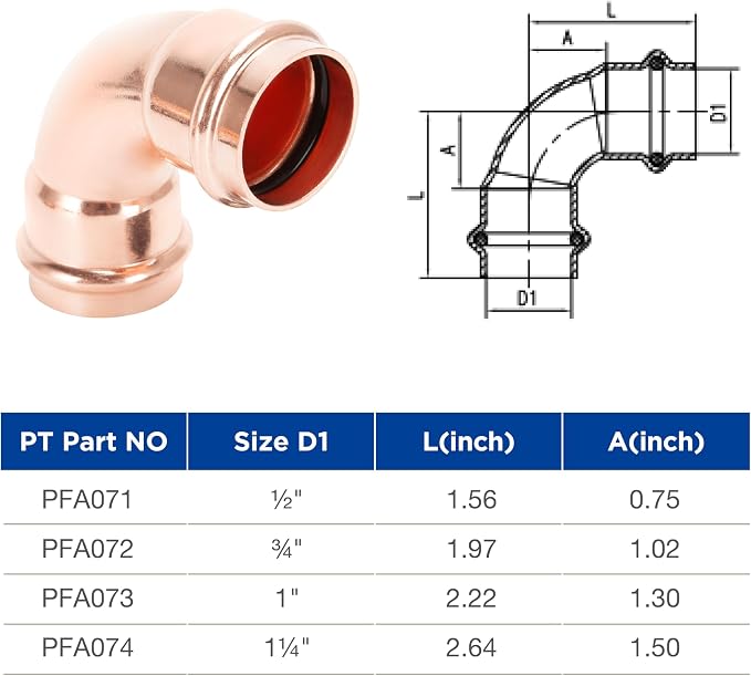 Copper Press Fittings 90 degree Elbow 1/2 inch x 1/2 inch 10 Pack - Image 2