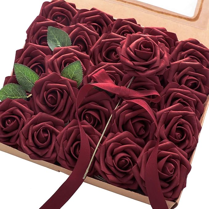 Artificial Flowers 25pcs Real Looking Burgundy Foam Fake Roses by Floroom
