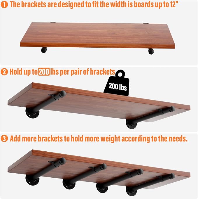 12 Inch Pipe Shelf Brackets, 8 Pack Floating Shelf Bracket Support | Industria - Image 3