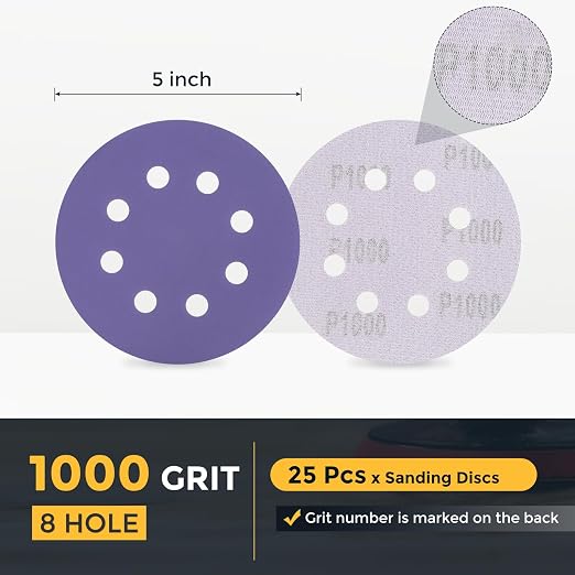 HARFINGTON 25Pcs 5Inch Sanding Disc 8 Hole 1000Grit Purple Aluminum Oxide | - Image 2
