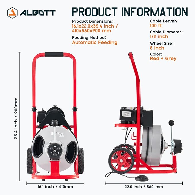Albott 100 FT x 1/2 Inch Electric Drain Cleaner Machine | Auto-Feed Sewer Snake - Image 2