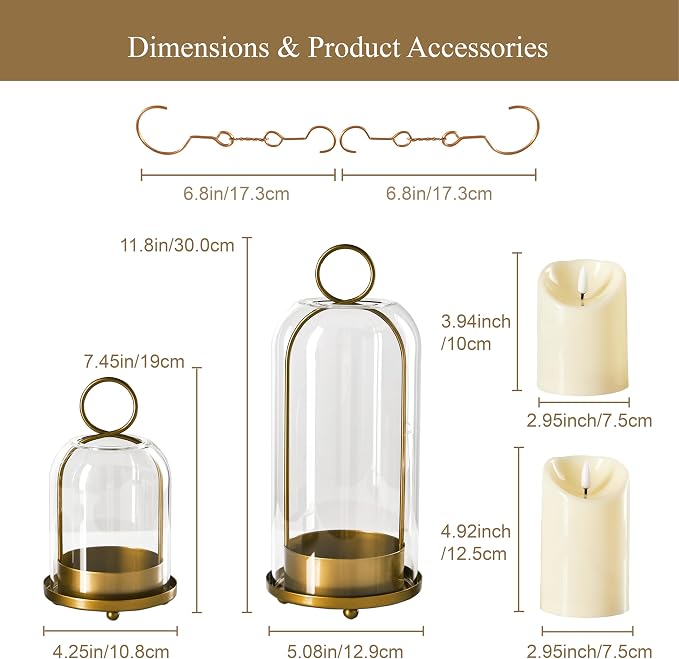 5"&4" Metal Candle Holder with Handmade Glass Dome in Brass & 2 Timer Candles - Image 2