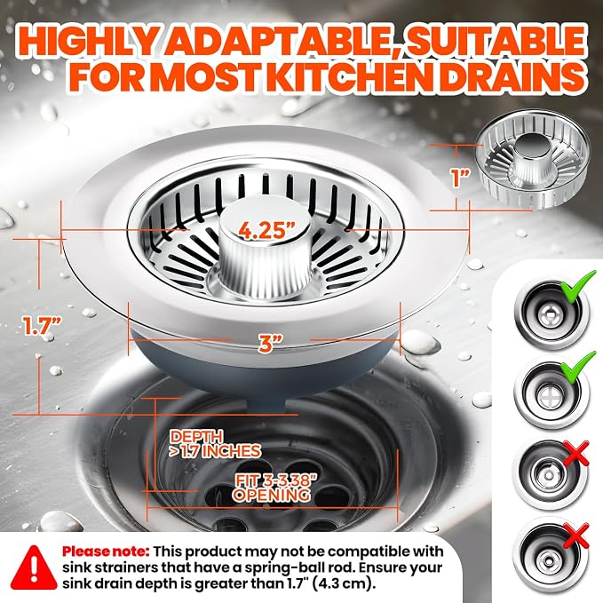 3 in 1 Kitchen Sink Drain Strainer and Stopper Brushed Silver - Image 5