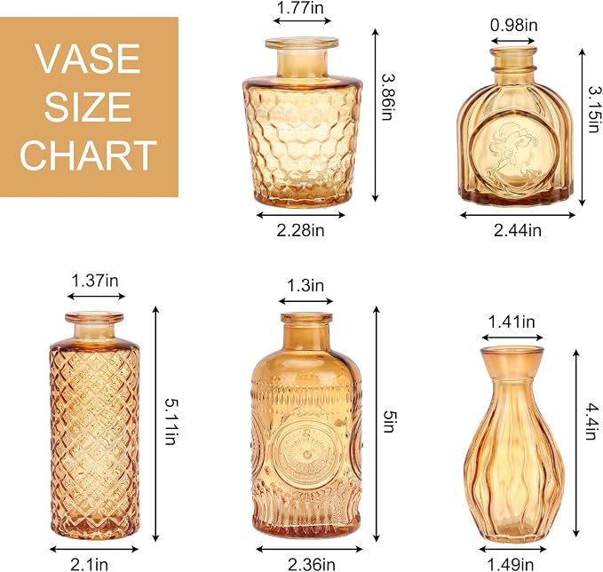 5pcs Amber Glass Bud Vase Set, Decorative Flower Vases - Image 2