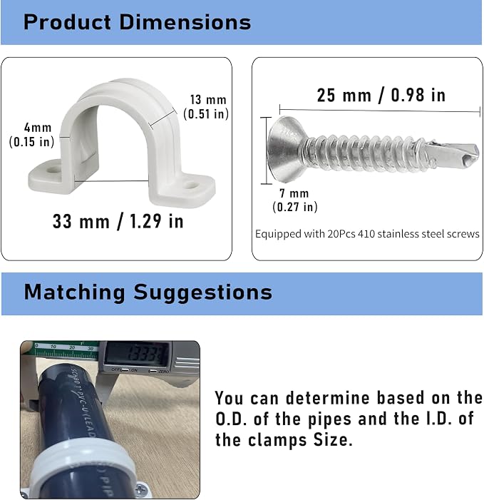 10 Set PVC Pipe Strap Clamps, SCH 1 in | Two Hole Plastic Pipe Clips - Image 3