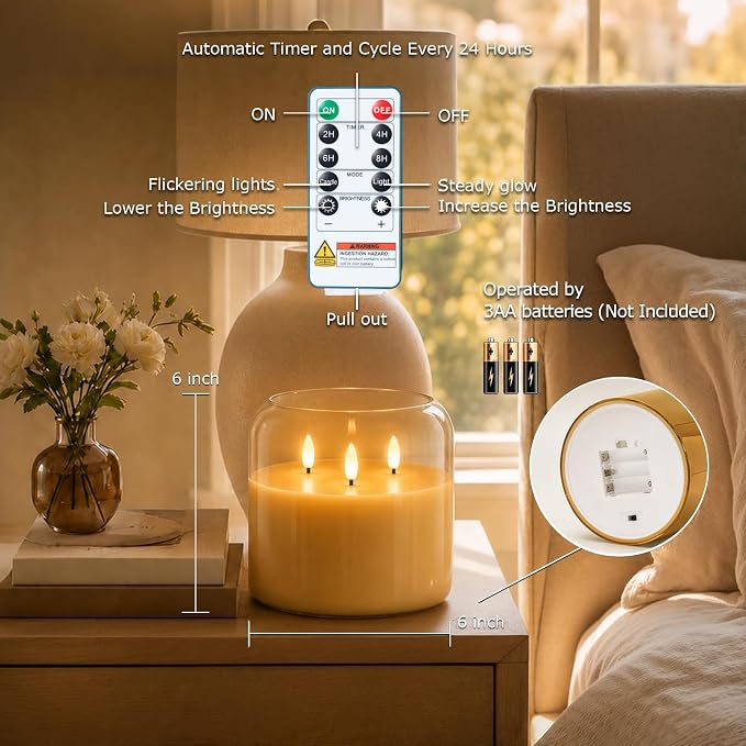 Homemory Amber Large Glass Flameless LED Candle, 3 Wicks, Remote Timer | 6"x6" - Image 5
