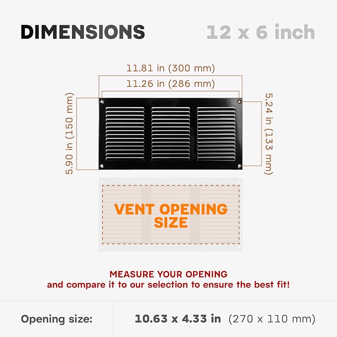 12 x 6 Inch Black Galvanized Steel Return Air Register Vent Cover, AC Vent Cover - Image 2