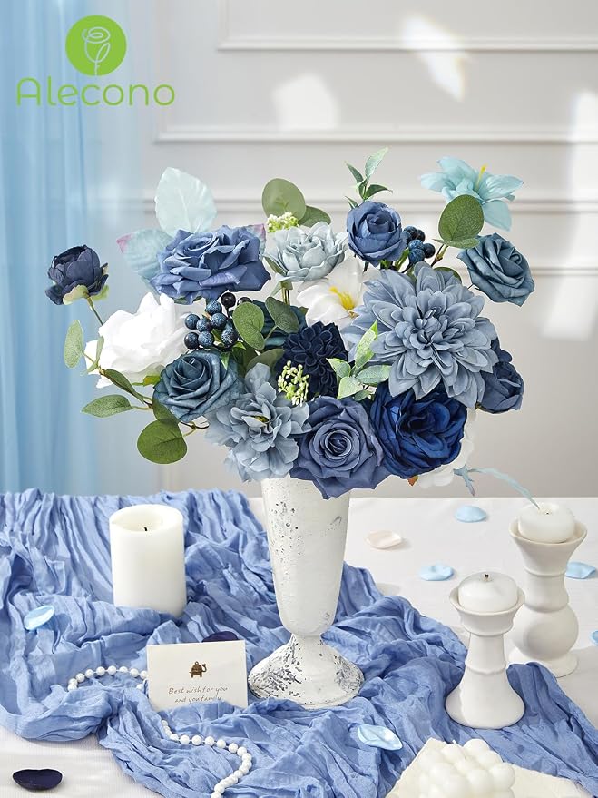 Alecono Dusty Blue Artificial Flowers, Silk Fake Roses Floral Set | - Image 3