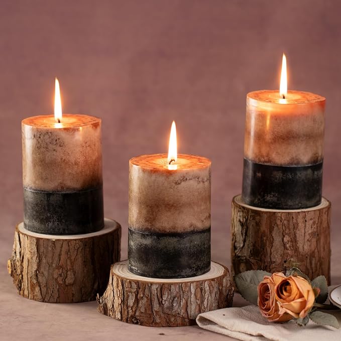 KONNI Layered Pillar Candles Set of 3, 2.8"x 4" Table Decor Coffee | - Image 3