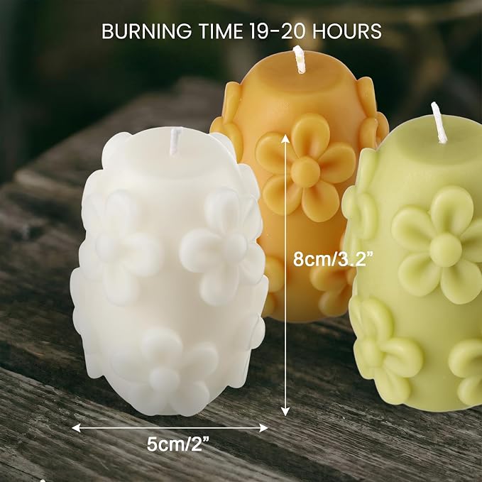 Lyrow 3 Pcs Daisy Pillar Candles 3D Embossed Floral Candle Set 3'' H Easter - Image 2