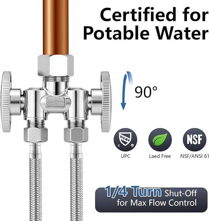 WiseWater 1/2" NOM x 3/8" OD x 3/8" OD Dual Shut Off Valve | Chrome Plated - Image 3
