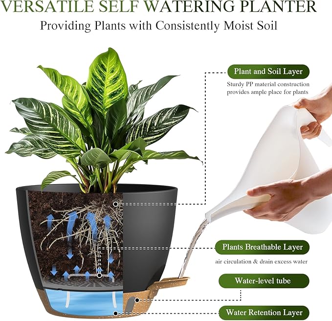 Self Watering Pots with Drainage Holes, 3 Pack 12/10/8 Inch Plant Pots with - Image 3