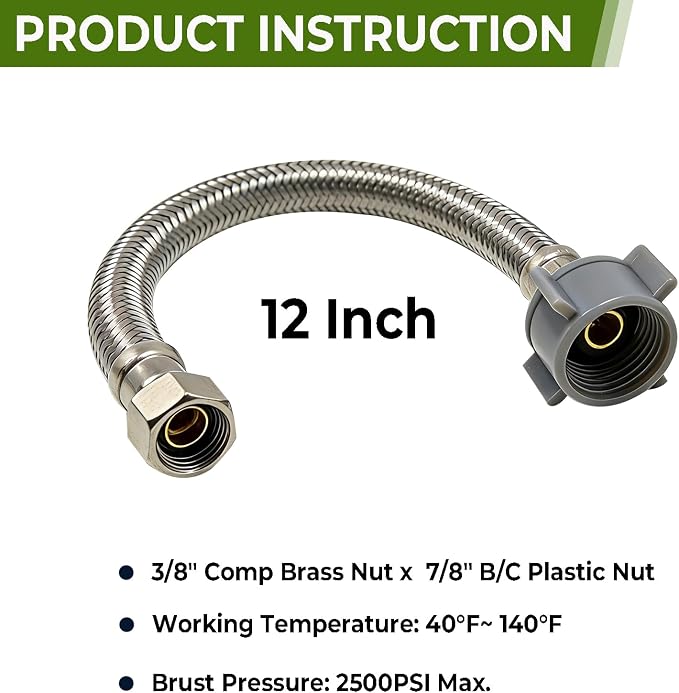 TTFLEX 12" Toilet Water Supply Line 3/8" Comp x 7/8" BC Toilet Hose | Toilet - Image 5