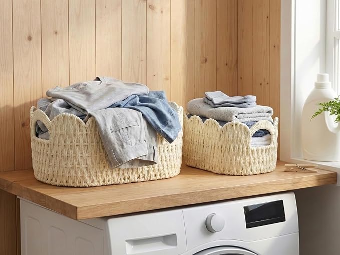 Coeusy Paper Rope Scalloped Basket Set of 2, Hand-woven Storage Baskets - Image 8