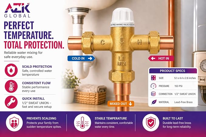 1/2" Sweat Union Thermostatic Mixing Valve, Cert: ASSE, NSF | TMV, Precise - Image 5