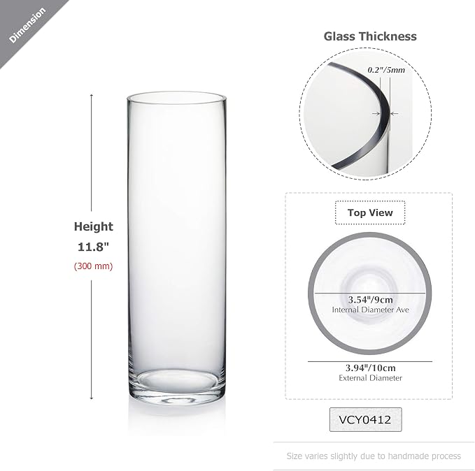 WGVI Quality Thick Weighted Clear Cylinder Glass Vases, Flower Arrangement - Image 2