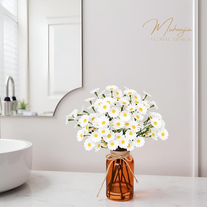 Muhanjia Artificial Daisy Flowers in Amber Glass Vase - Image 4