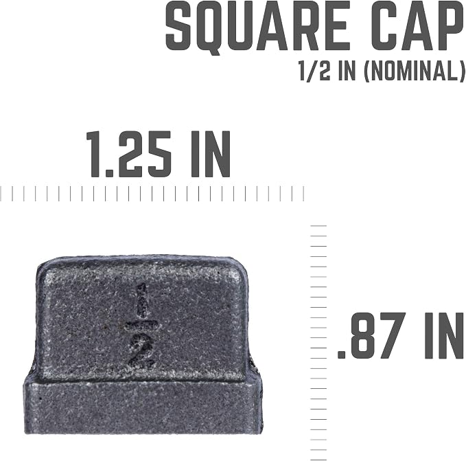 1/2" Square Cap Fitting, PIPE DECOR Black Malleable Iron Fittings Fit Standard - Image 2