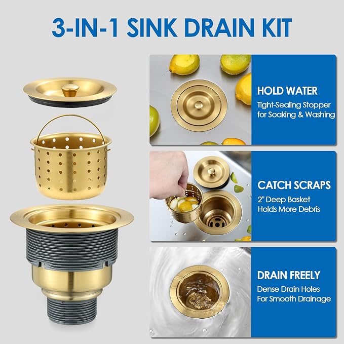 ROVOGO Kitchen Sink Drain Assembly Gold, Removable Deep Strainer Basket - Image 3