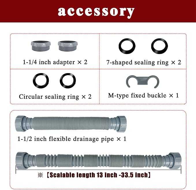1-1/2 Inch Flexible Sink Drain Pipe, Scalable 13-33.5 Inch P Trap Pipe - Image 4