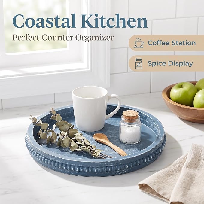 Hrastany Round Navy Blue Wooden Decorative Tray - Image 3