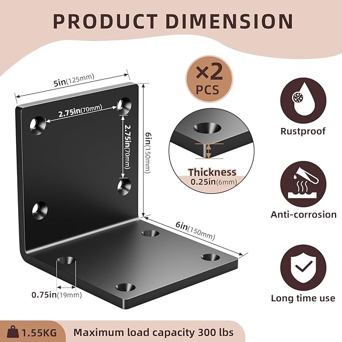 6" X 6" X 5" Heavy Duty Steel L Angle Bracket - Image 2