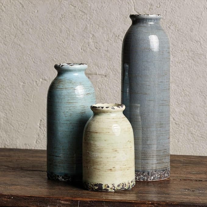 Modern Pottery Vase Set of 3, Neutral Ceramic Bottle Vases by CheeryStow