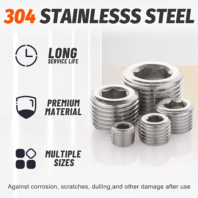 25Pcs 304 Stainless Steel Pipe Plug Fittings Kit, 5 Sizes | 1/8" 1/4" 3/8" 1/2" - Image 3