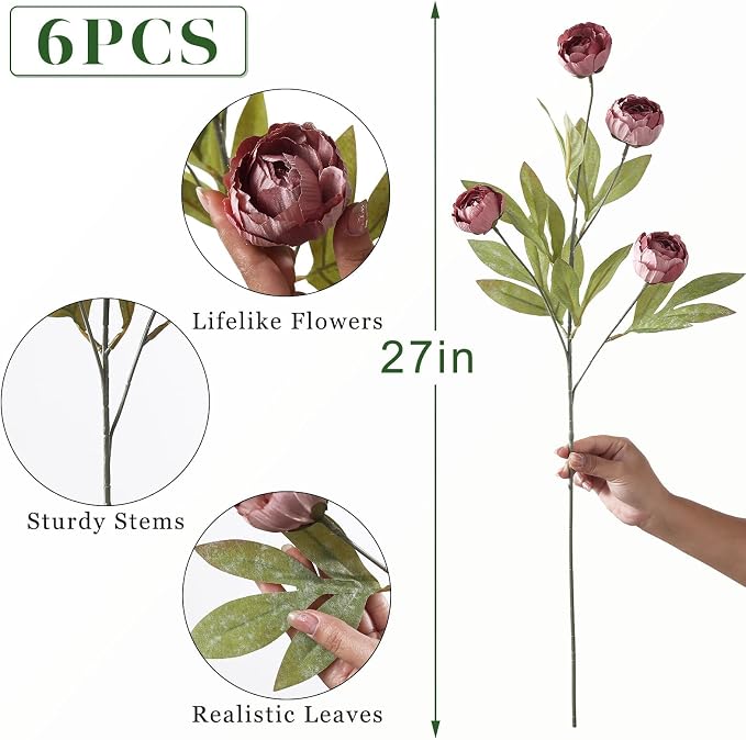 6 Pcs 27" Faux Silk Peony Artificial Flowers Stems - Image 5