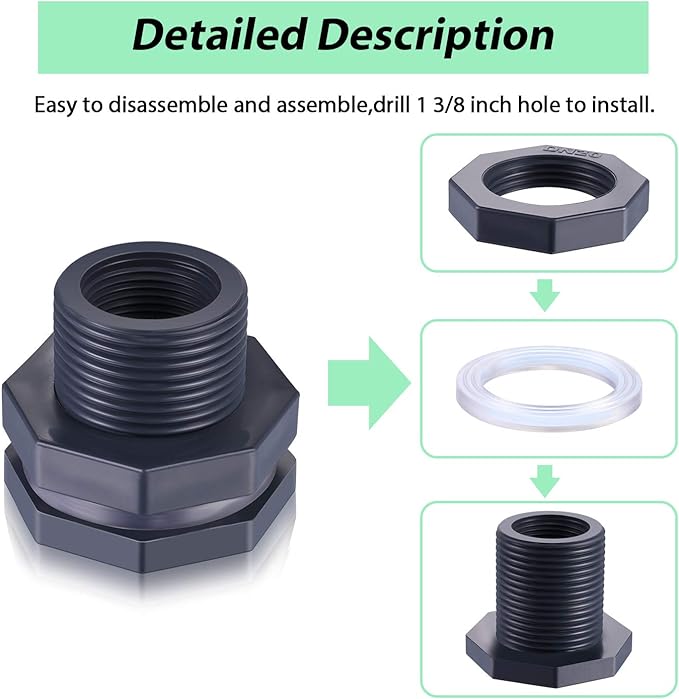 Outus 2 Pieces 3/4 Inch PVC Bulkhead Fitting, Rain Barrel Tank Adapter - Image 3
