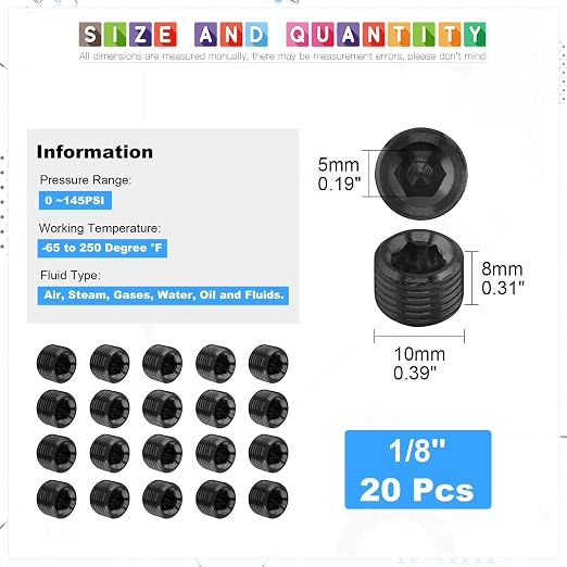 Glarks 20Pcs Carbon Steel 1/8'' NPT Male Pipe Plug Fitting - Image 2