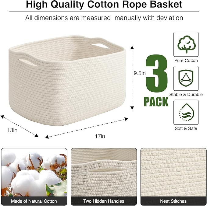 ICERZCZ Large Storage Baskets for Organizing Shelves, Woven Cotton Rope Bins - Image 3