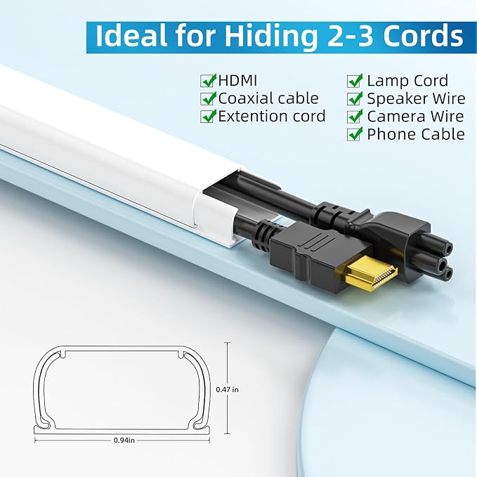 Yecaye 235in Wall Cord Hider for 2-3 Cords, W0.94in H0.47in, On-Wall Cord Cover - Image 2