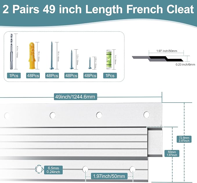2 Pairs 49 inch French Cleats, Load 500Lbs Heavy Duty Mirror Mounting Hardware - Image 2