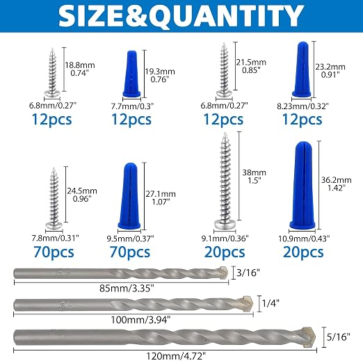 Conical Concrete Wall Anchors and Screws Assortment Kit, 114 Brick Wall Anchors - Image 2