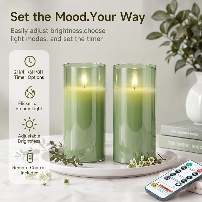 Homemory Sage Green Glass Flameless Candles, Real Wax, Remote Timer, 2 Pack | - Image 7