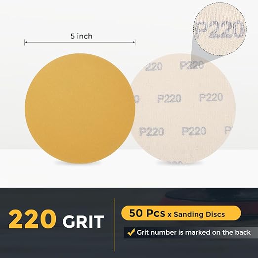 HARFINGTON 50 Pcs 5 Inch Sanding Discs 220 Grit Yellow Aluminum Oxide | Hook - Image 2