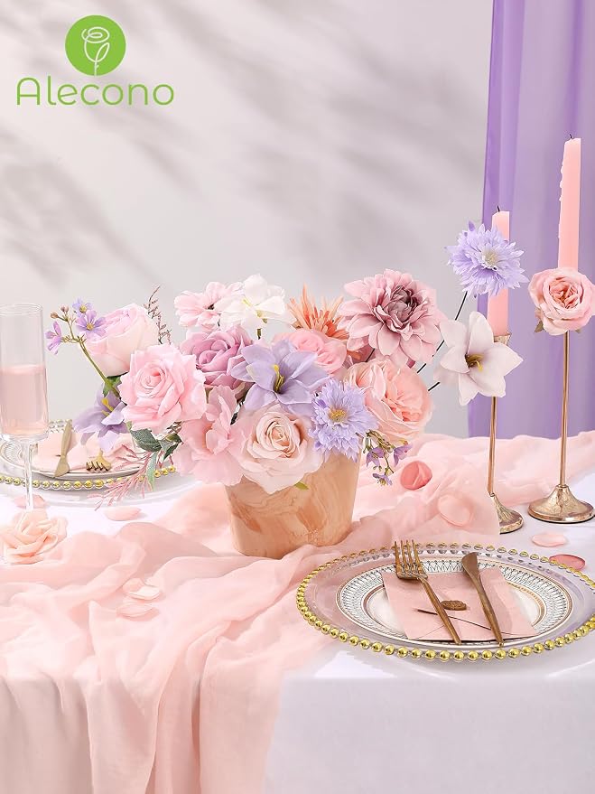 Alecono Pink and Purple Artificial Flowers, Silk Fake Flower Set | - Image 4