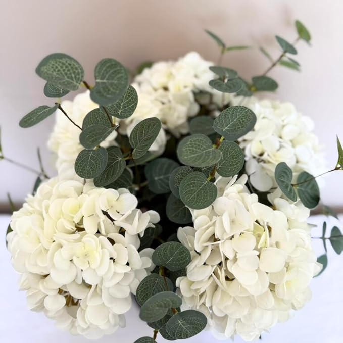 Real Touch White Faux Hydrangea And Eucalyptus Arrangement, Faux Floral - Image 8