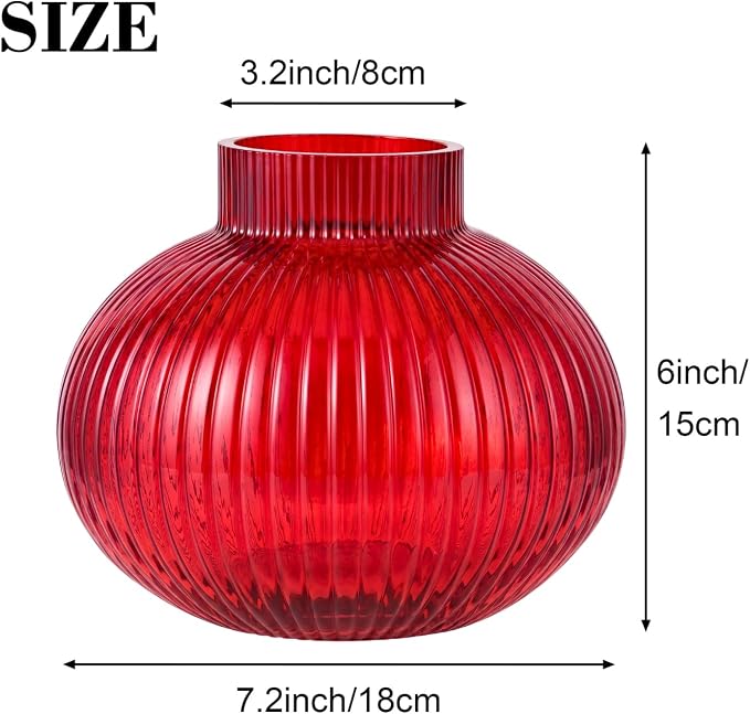 Red Glass Vase, Flower Vases for Bouquet, Ribbed Glass Vases for Flowers - Image 2
