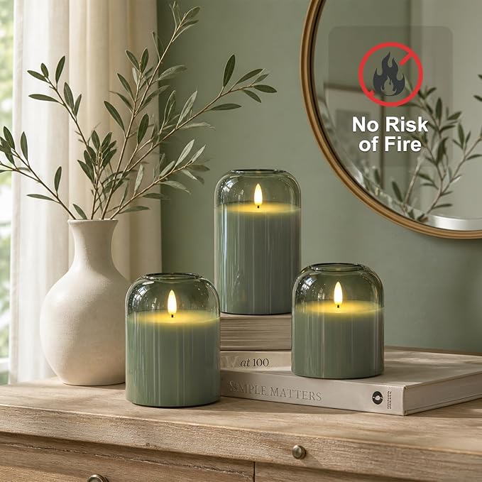 Mid Century Modern Home Decor, Olive Green Glass Flameless Pillar Candles | - Image 5