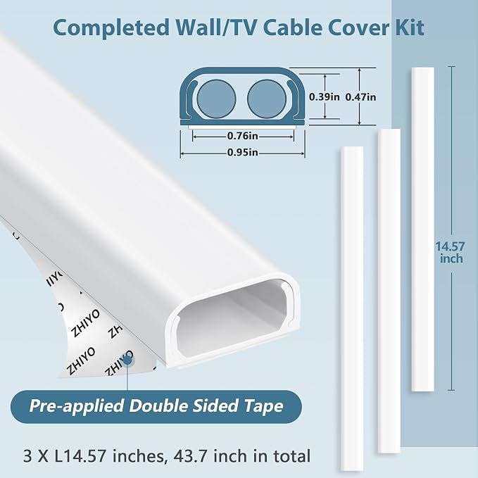 ZhiYo 43" Cord Covers for Wires on Wall, 0.95" W x 0.47" | Fits 2-3 Cords - Image 3