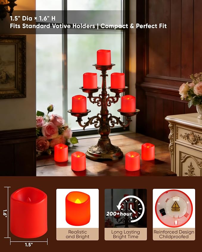 Homemory 12 Pack Red Flameless Flickering LED Votive Tealights Candles | - Image 2