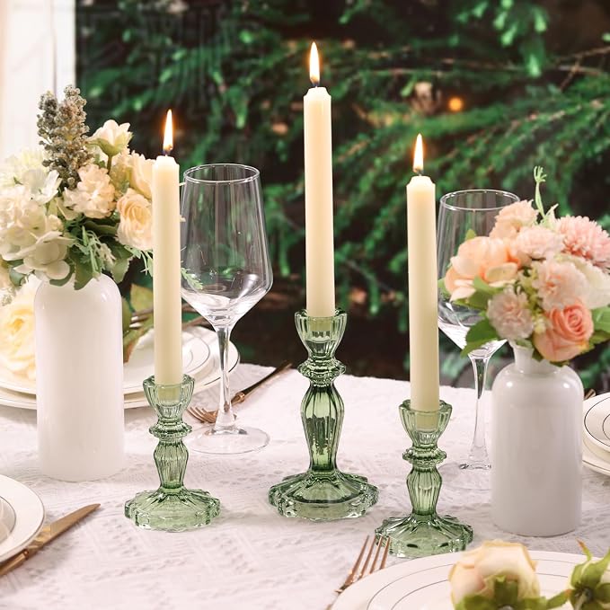 Green Candlestick Holders Set of 6, Glass Taper Candle Holders | 4.3" H & 6.3" H - Image 5