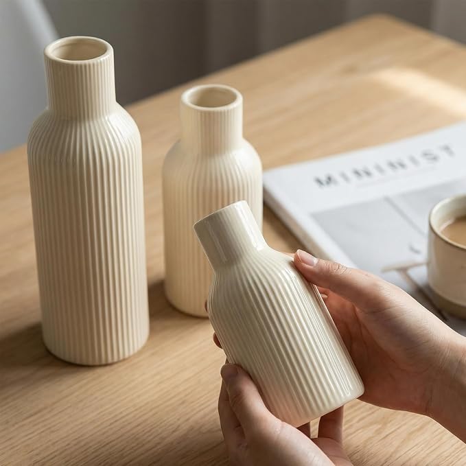 Beige Ceramic Flower Vases Set of 3, Modern Smooth Ribbed Texture, Nordic - Image 6