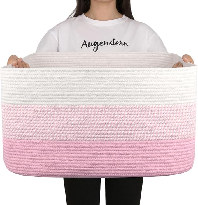 OIAHOMY Blanket Basket Laundry Basket Dog Toy Basket 75L Pink/White | Large by MasterofSpaceOptimization