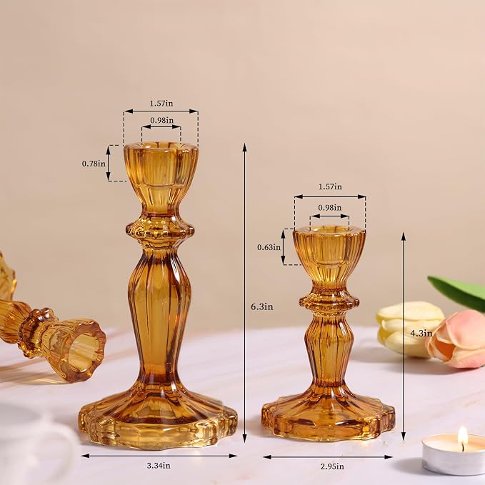 Amber Candlestick Holders Set of 6, Glass Taper Candle Holders | 4.3" H & 6.3" H - Image 3