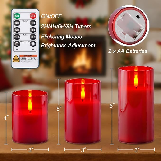 Homemory Red Glass Flameless Candles, Real Wax, Remote Timer, 3 Pack | - Image 8
