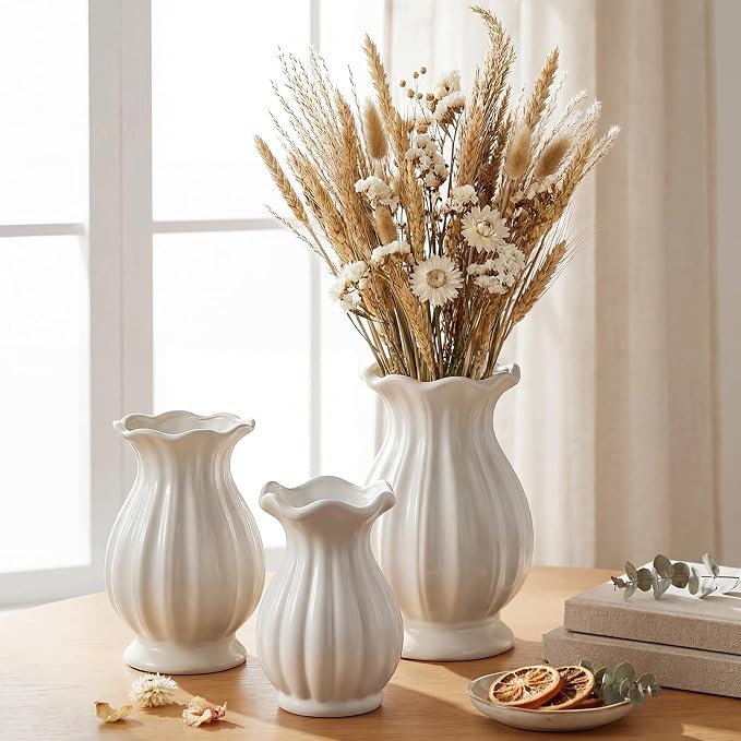 3 Pack White Ceramic Vase Set Small Rustic, 7.9in | Decorative Flower Vases by Ferrochef